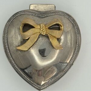 Heart Shaped Velvet Lined Metal Trinket Box with Gold Tone Bow Lid Victorian